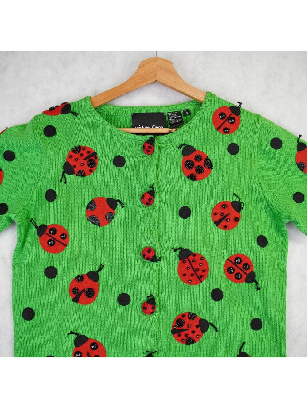 Michael Simon Women Cropped Cardigan Sweater Size Small Green Ladybug Print NWT - Picture 3 of 15